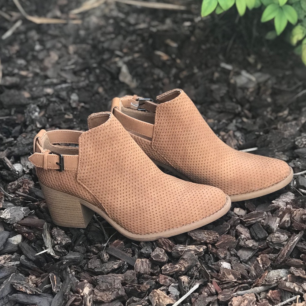 Tan distressed nubuck perforated ankle booties